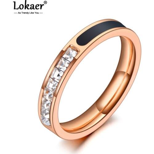 Lokaer Trendy Pave Setting CZ Crystal Wedding Rings Jewelry Stainless Steel Rose Gold Black Acrylic Ring For Women Girls R20046