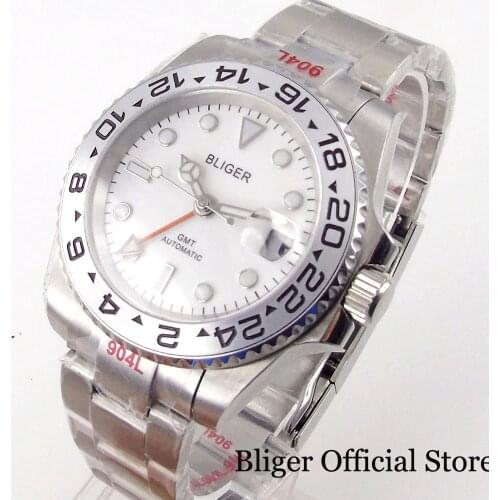 BLIGER Brand White GMT 40mm Mechanical Men Watch Steel Brushed Oyster Bracelet Screwdown Crown Sapphire Glass with Magnifier