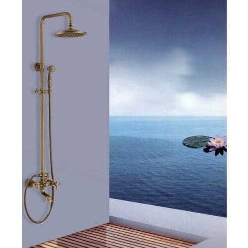 Retro Antique Brass Wall Mounted 8" Rain Bathroom Rainfall Shower Faucet Set with Hand Spray Shower Head Tub Mixer Tap 2an061