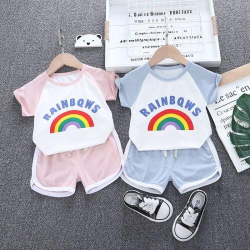 New Children Cotton Clothes Summer Baby Girls rainbow O-Neck Vest Denim Shorts 2Pcs/sets Infant Kids Fashion Toddler Tracksuits