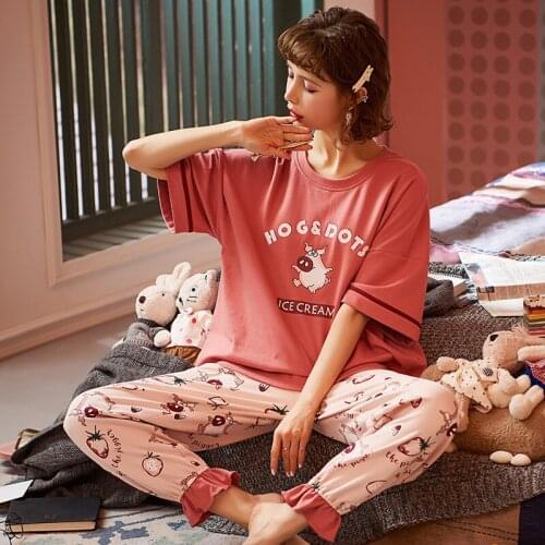 Pajamas For Women Cotton Pajamas Cartoon Pantsuits Ladies Sleepwear Summer Two Piece Short Sleeved Pyjamas Suit Cute Homewear