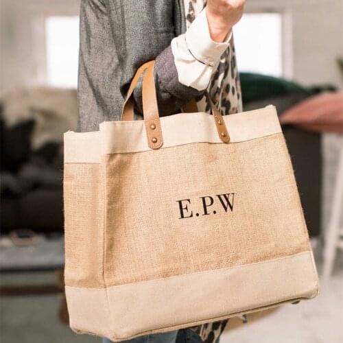 Customize Monogram Name Jute Shopper Bags, Personalize Natural Family Adventures Jute Shopper With Leather Handles Market Totes