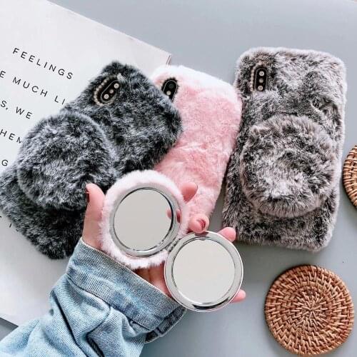 Luxury Rabbit Fur with mirror Case for iPhone 6 7 8 X XS XR 11 Pro Max 6S Plus Cover Bling Diamond Winter Soft Furry Shell Plush