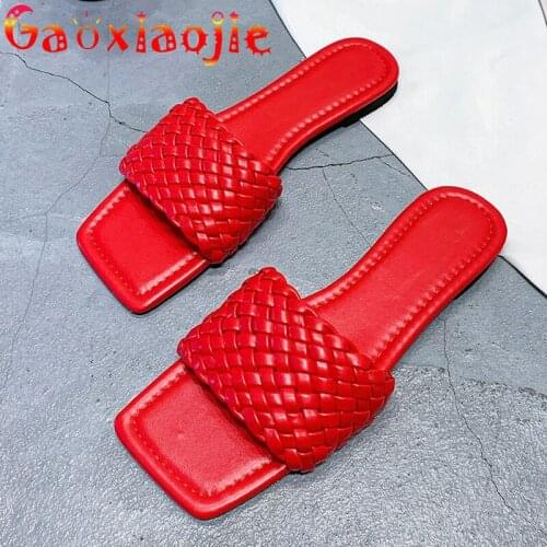 Slippers Women 2020Summer New Fashion Square Head Sandals Ladies Flat Bottom Woven Shoes Comfortable Non-slip Beach Shoes Flats