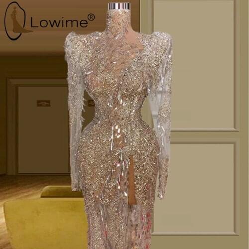 Sexy See Through High Neck Mermaid Evening Dresses Saudi Arabia Long Sleeves Beading Sequins Party Prom Gowns Customized