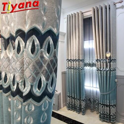 Grey /Blue Embroidery Geometric Hollow Curtain for Living Room Nordic Modern Blackout Window Drapes for Bedroom *VT