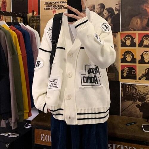Korean Sweater Mens Autumn and Winter New Hong Kong Style Letter Knit Sweater Trend Loose Cardigan Student Jacket Sweater