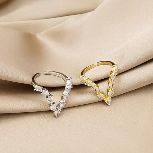 VSnow Japanese Bling Bling V Shape Cubic Zircon Ring for Women Girls Temperament Metal Open Adjustable Index Finger Ring Jewelry