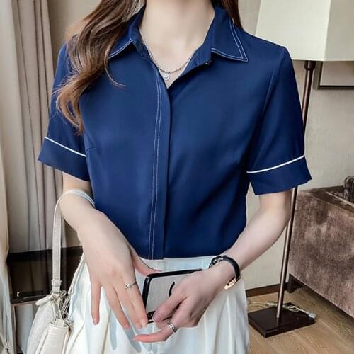 Office Lady New Striped White Women Blouses Button Korean Fashion Blue Shirt Woman Short Sleeve 2021 Summer Tops Chemisier Femme