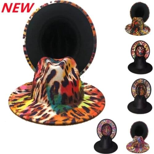 Two-color Fedora Hat color leopard hat stage ladies new felt hat mixed color jazz hat Fedora hat hip hop winter шляпа женская