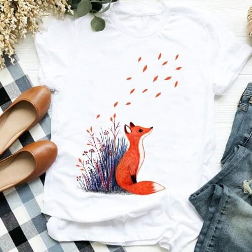 Women Lady Cartoon Fox Watercolor Cute 90s Trend Fashion Print Tshirt Shirt Clothes Top Graphic Female T Tee Womens T-shirt
