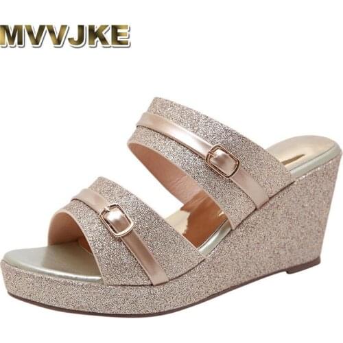 MVVJKE Womens Ladies Fashion Platform Heels sandals Solid Sequins Bling Wedges Casual Sandals Summer slippers Shoes sandalia