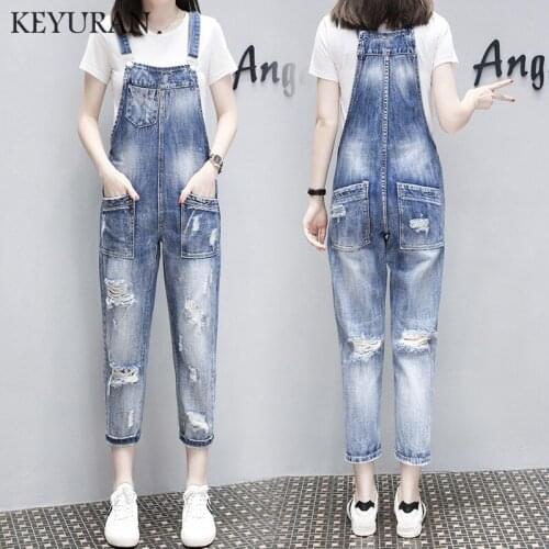 2019 New Autumn Europe Fashion Women Overalls Denim Jumpsuit Ripped Hole Casual Jeans Sleeveless Female Jumpsuits Loose Rompers
