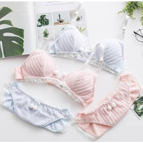 Bralette Fur Ball Pendant Womens Cute Bra & Panties Set Cotton Wirefree Soft Underwear Sleep Intimates Set Lolita