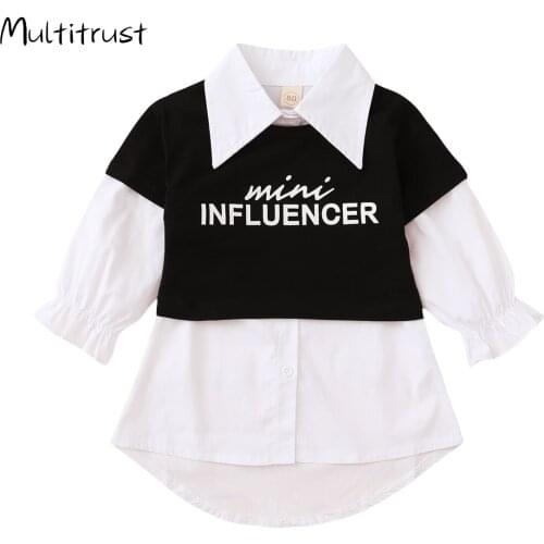 1-5Y Autumn Infant Baby Girls Dress +T Shirts 2pcs Letter Print Tops Solid Long Sleeve Single Breasted Shirts Dresses