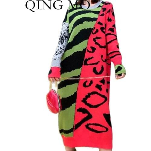 QING MO 2021 Spring And Autumn New Women Clothing Contrast Print Knit Dress Mid-length Over-the-knee Loose Dress TT039Q