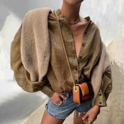 Women Blouse Solid Color Puff Sleeve Loose Buttons Ladies Fashion Casual Top Shirt Autumn Female Clothes
