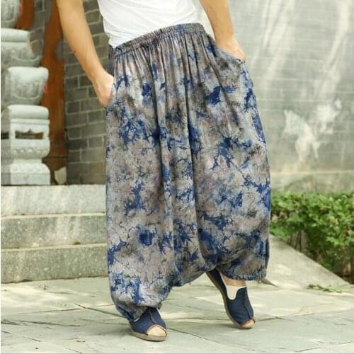 Chinese Style Retro Printing Cotton Linen Large Crotch Wide Leg Trousers Men Women Casual Harem Pants