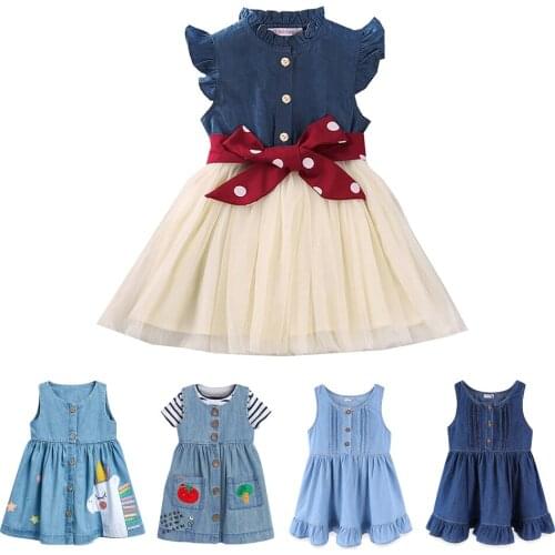 Children Princess Dresses for Girls 2021 Spring Summer Flying Sleeve Jeans Splicing Mesh Skirt Birtyday Party Childrens Clothes