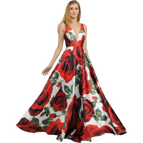 Long Satin Floral V-Neck Prom Dresses with Pockets Sexy Corset Back Formal Party Dresses for Women