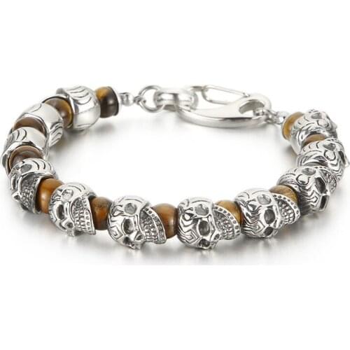 European and American personality creative titanium steel skull bracelet tiger eye stone volcanic stone mens bracelet