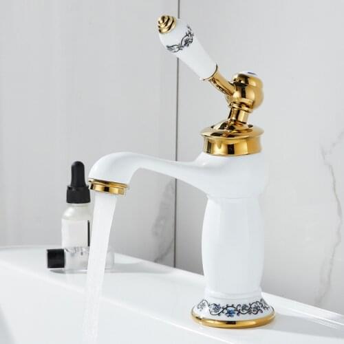 European Hot and Cold Water Faucet Copper Bathroom Taps Gold Basin Mixer Crane Blue and White Porcelain Countertop Basin Faucets