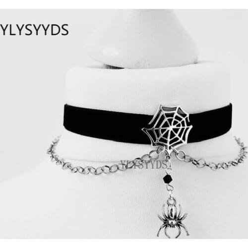Goth Black Velvet Spiderweb Choker Spooky Hanging Spider Chain Necklace Webs Halloween Handmade Jewelry Amulet Women Alternative