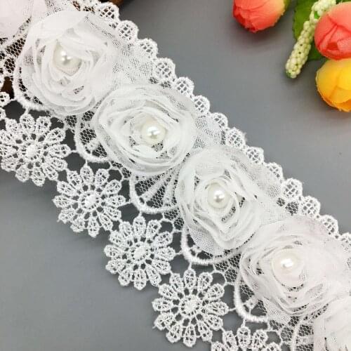 GXINUG 1 Yard Pearl Rose Flower Tassel Chiffon Lace Trim Fabric Wedding Dress Embroidered DIY Patchwork Ribbon Sewing Craft