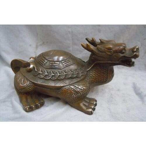 Chinese brass carved money the Eight Diagrams Dragon Turtle sculpture statue Copper garden decoration