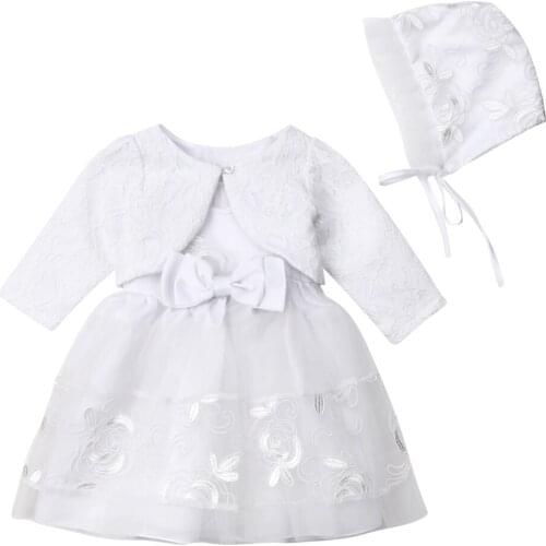 2020 Baby Girls Ivory Lace 3Pcs Clothes Set Fashion Babies Casual Party Christening Dress Bonnet Jacket 0-18M ropa de bebe niña