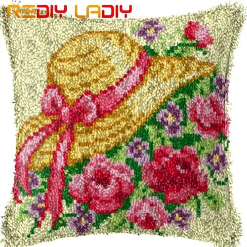Latch Hook Cushion Hat Flowers Pre-Printed Canvas Cushion Front Acrylic Yarn Crochet Pillow Case Kit Sofa Bed Pillow Home Decor