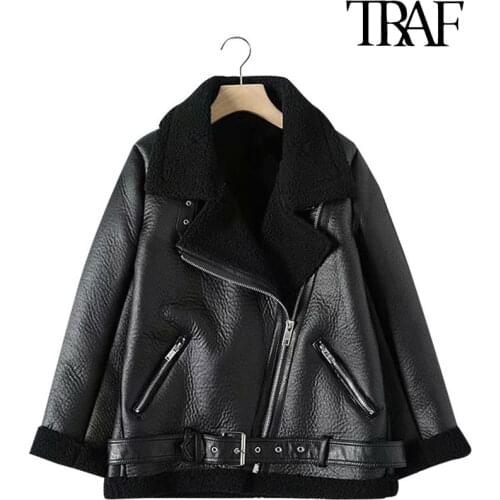 TRAF Women Fashion Thick Warm Winter Fur Faux Leather Oversized Jacket Coat Vintage Long Sleeve Female Outerwear Chic Tops