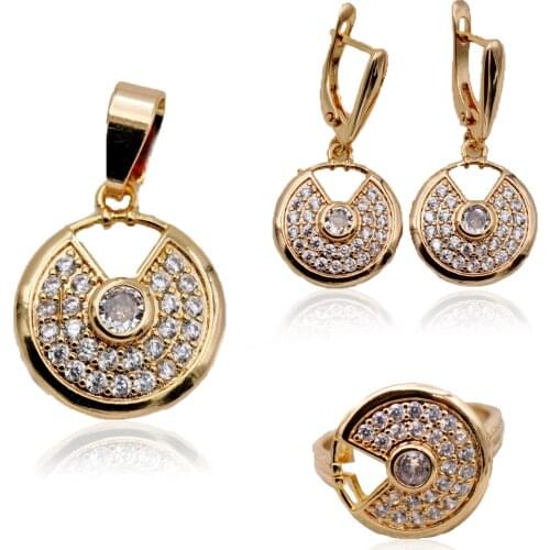 Trendy Wedding Fashion Jewelry Sets accessories White Stone Zircon Women Luxury Round Hoop Gold Earrings Rings Necklace Pendant