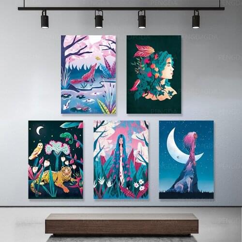 Modular Poster Print Picture Animal Fox Tiger Cartoon Girl Moon Canvas Painting Frame Decor Modern Home for Living Room Wall Art