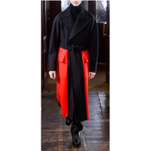 S-5xl New Men Fashion Wool Coat Personality Stitching Color Trench Xl Long Coat Hairstylist Nightclub Stage Singer Costumes