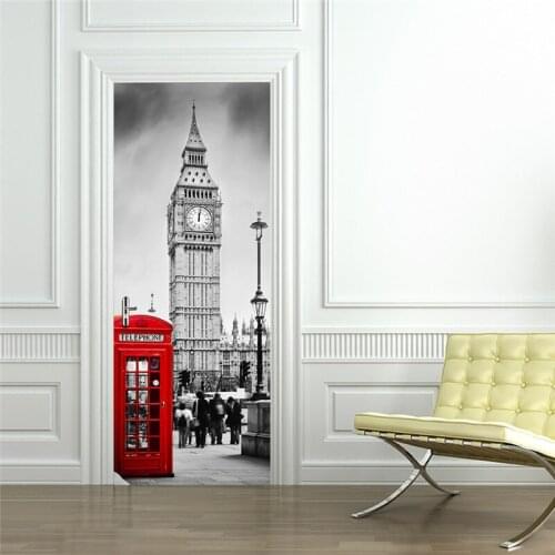77x200cm 3D Self-adhesive Waterproof Door Affixed To British Big Ben Wooden Door Renovated Living Room Door Decoration Sticke