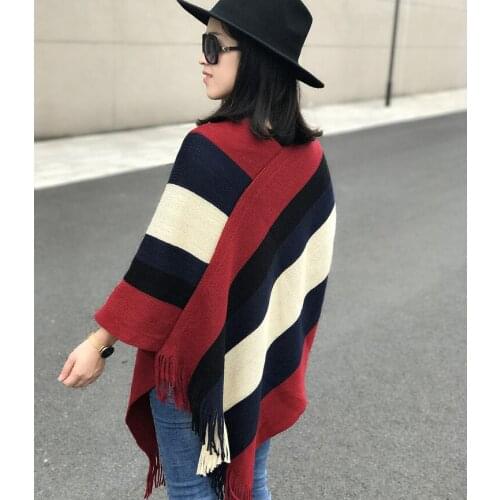 Tricolor Stripes National Style Temperament Shawl Women Thick 132*138cm Warm High Quality Comfortable Windproof Outdoor Poncho