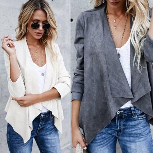 2020 Spring Women Blazer Ladies Faux Suede Waterfall Drape Lapel Long Sleeve Jacket Casual Tops Biker Coat