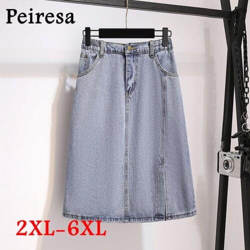 PEIRESA Women Clothing Half-length A-line Denim Skirt Plus Size Summer Vintage Elegant Women Office Lady Straight Jean Skirt