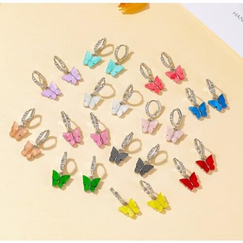 Rainbow Resin Arcylic Butterfly Hook Earrings for Women Mujer Mtal Bling Rhinestones Simulation Wing Drop Earrings Party Jewelry