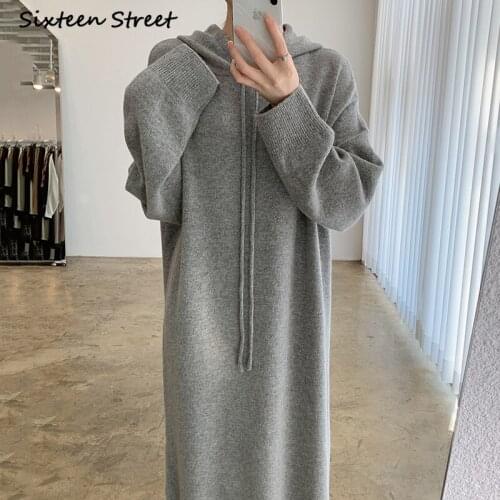 Dress for Women Winter Autumn Korean Fashion Clothing Chic Loose Long Sweater Casual Hooded Knitted Pullover Vestido De Mujer
