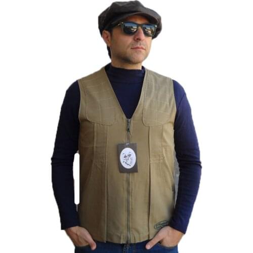 Vest sleeveless waistcoat zip hunting fishing pockets cotton beige Green Man