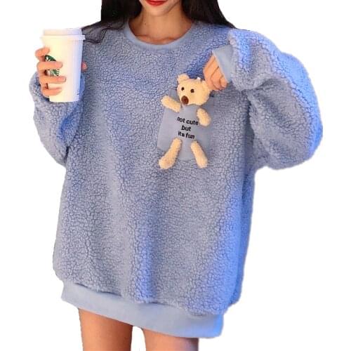 Winter Womens Warm Flannel Pullover Sweatshirt Embroidery Letters Pocket With Bear Toy Inside Hoodies Casual Cute Streetwear