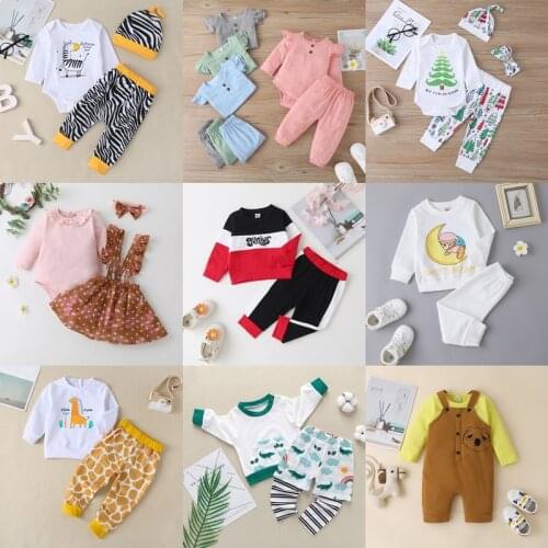 2020 New Newborn Spring Autumn Boys Girls Cotton Long Sleeve Line Sets Kids Clothes Tracksuit Baby T-Shirt Pants Hat 3 Pcs/Suit