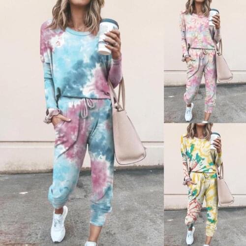 80% Hot Sale 2Pcs Women Tie Dye Jogger Suit Long Sleeve Round Neck Pants Sleepwear Women Sleep Wear Sleepwear Pajamas for ladies