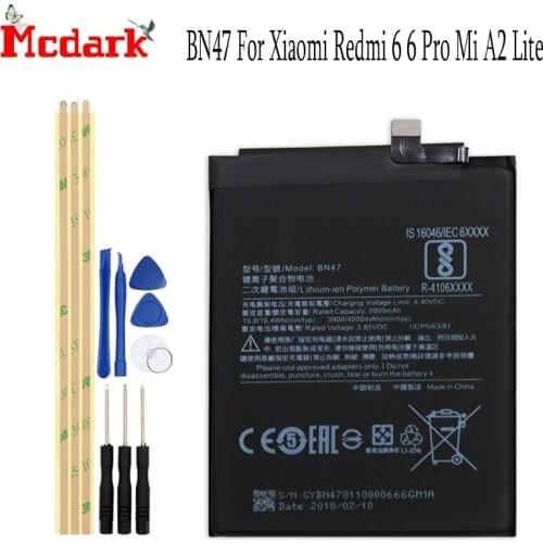 Mcdark BN47 For Xiaomi Redmi 6 6 Pro Mi A2 Lite Battery Replacement Large Capacity 3900/4000mAh Back Up Bateria with Tools