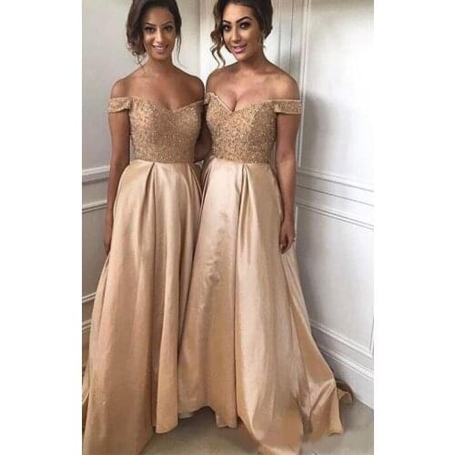 Satin Aline Pretty Beaded Long Prom Dresses Off Shoulder 2020 Saprkle Sequined Formal Party Dress Gowns