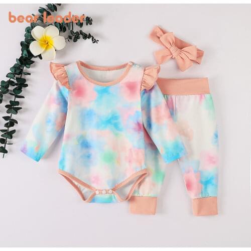 Bear Leader New Baby Girl Boys Clothes Set Tie Dye Long-Sleeves Rompers Elastic Waist Pants Toddler Clothes Kids Clothes Outfits