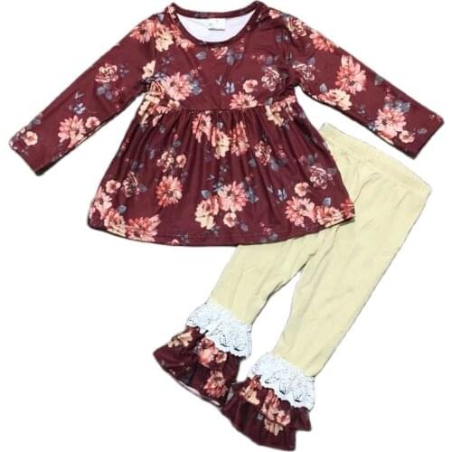 GirlyMax Fall Winter Girl Floral Maroon Dress Beige Pants Kids Set
