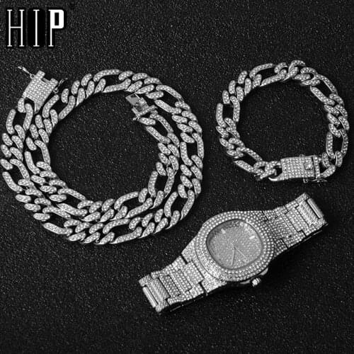 Hip Hop 3PCS /Set Iced Out Paved Rhinestones Miami Curb Figaro Link Chain Necklace Bling Rapper Necklace For Men Jewelry